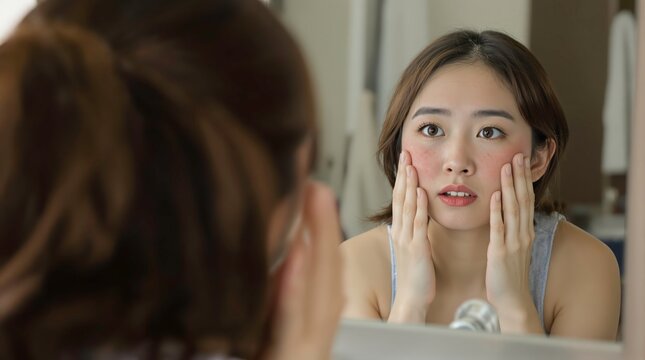  Young asian woman looking in the mirror with anxiety and touching her face with red rashes and skin irritation in the bathroom. Dermatology and problematic skin care concept