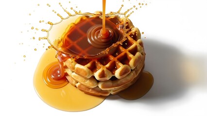 Fototapeta premium Close-up of syrup being poured onto a stack of waffles, creating a splash effect