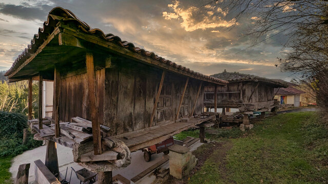Typical Asturian granaries called 'horreo' in the village of Candones, Cabranes municipality, Asturias, Spain