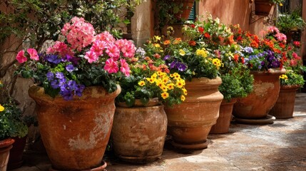 Colorful flowers in terracotta pots lined along a charming mediterranean alley.