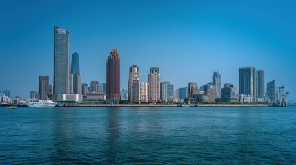 Fototapeta premium Modern city skyline with skyscrapers and waterfront under clear blue sky.