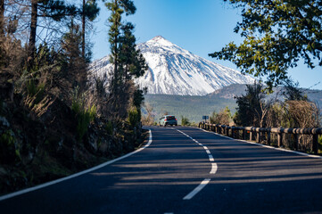 Naklejka premium Driving car on mountains road in Corona Forestal park to Mount Tenerife, North of Tenerife, pine trees, snow on top of Teide, natural background