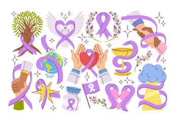 Fototapeta premium World cancer day colorful stickers set with human hands, heart, tree, pigeon, medical cup symbols