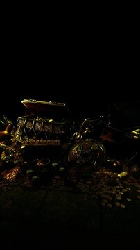 moonlit hoard of glinting gold coins spilling from open chest, coastal cache on shadowed beach scattered doubloons, crown and gems catching moonbeam, waves