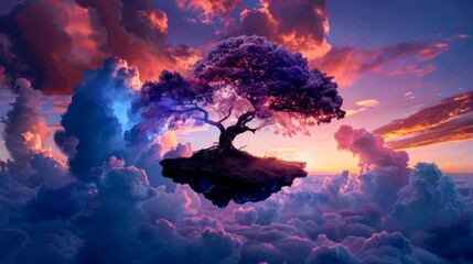 A dreamy digital painting of a floating island in the sky. The island is made of earth and rock, with a single, ancient tree growing from it