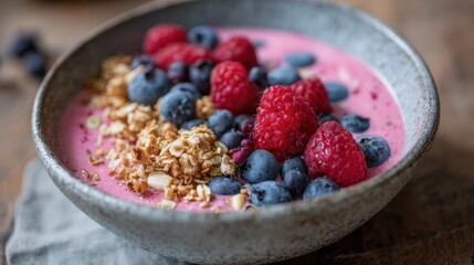 Berry smoothie bowl with granola and fresh fruits for a healthy breakfast.