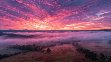 Vibrant sunrise over misty valley with colorful sky and rolling hills.