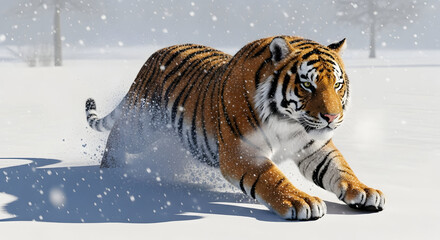 Obraz premium Snowbound Tiger in Flight Winter Stripes on the Move Tiger Sprint Through Snow Feline Fury in Fresh Snow Frosty Rapids: Tiger Run