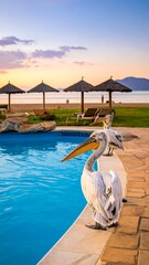 Pelican by the Pool - A Serene Beachside Scene at Sunset.