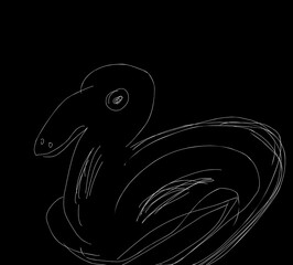Abstract line drawing of a relaxed swan. Black and white background. 