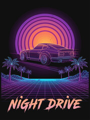 Cinematic Night Driving Scene Vector Illustration with Car on Highway and Illuminated City Lights
