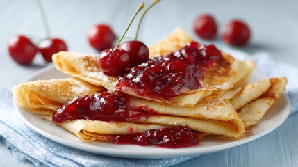 Delicious crepes with cherry topping on white plate.