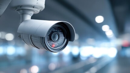 Close-up of modern security camera in bright indoor setting.