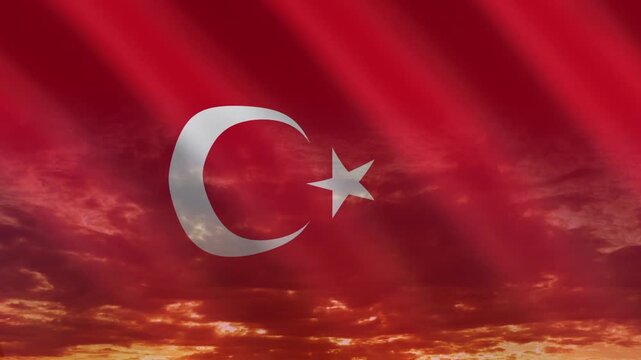 Flag of Turkey waving against a vibrant sunset, creating a patriotic and inspiring atmosphere with warm tones.
