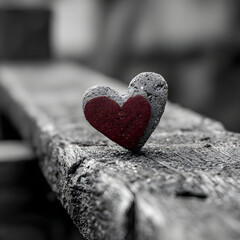 Fototapeta premium Stone heart symbol of enduring love, with a vibrant red heart inside, highlighting passion and romance standing on a rustic wooden surface with selective color effect