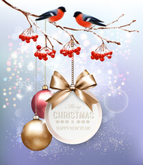 Holiday Christmas background with christmas brunch of trre, red bullfunch and a colorful balls. Vector