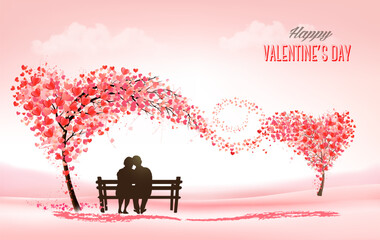 Valentine's Day holiday background with  heart shape tree and couple in love on a bench. Concept of love. Vector