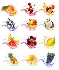 Set of fruits and vegetables in juice splashes. Apricot, watermelon, cherry, raspberry, blackberry, coconut, pear, sweet melon, pineapple, strawberry in juice splash and drops. Vector illustration.