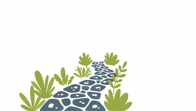 Garden path made of stone slabs. Flat design vector illustration of a winding walkway with green plants. Isolated on white background