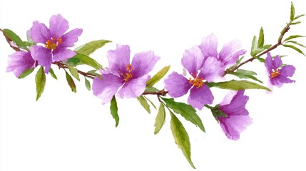 Fototapeta premium Vibrant purple flowers on branch with lush green leaves.