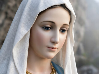 Fototapeta premium Serene portrait of Our Lady of Lourdes in a rocky grotto with white veil and misty background