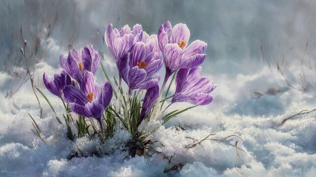 Crocus flowers emerge from melting snow in early morning light of spring