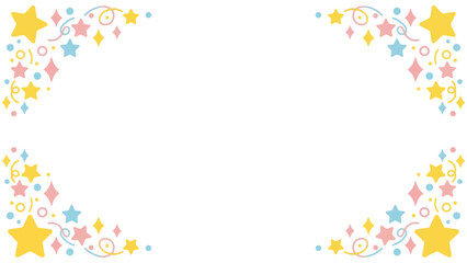 Obraz premium きらきらと輝くような星やポップな紙吹雪の幾何学模様が楽しいフレーム素材です。わくわくする明るい色彩は、パーティーの案内や子供向けのメッセージカードに最適。希望や幸福感あふれるデザインが、大切な言葉を彩ります。
