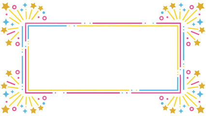きらきらと輝くような星やポップな紙吹雪の幾何学模様が楽しいフレーム素材です。わくわくする明るい色彩は、パーティーの案内や子供向けのメッセージカードに最適。希望や幸福感あふれるデザインが、大切な言葉を彩ります。