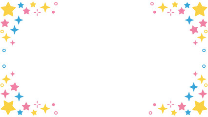 きらきらと輝くような星やポップな紙吹雪の幾何学模様が楽しいフレーム素材です。わくわくする明るい色彩は、パーティーの案内や子供向けのメッセージカードに最適。希望や幸福感あふれるデザインが、大切な言葉を彩ります。