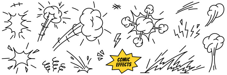 Doodle superhero effects. Cartoon symbols of speed, action lines, fight, impact effects, emotional and explosion elements. Hand drawn icon set. Vector illustration isolated on a white background.