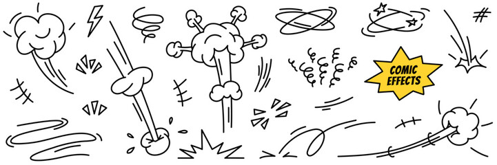 Comic superhero effects. Cartoon doodles of speed, action lines, fight, impact effects, emotional and explosion elements. Hand drawn icon set. Vector illustration isolated on a white background.