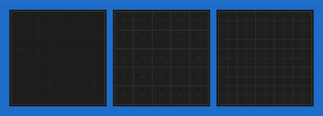 Blueprint black grids. Metric graph paper set. Blank millimeter sheets for technical drawings, engineering sketches, architectural designs. Tech square linear backgrounds. Vector illustration.
