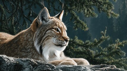Fototapeta premium Lynx rests on rocky outcrop in a forest with conifer trees in the background