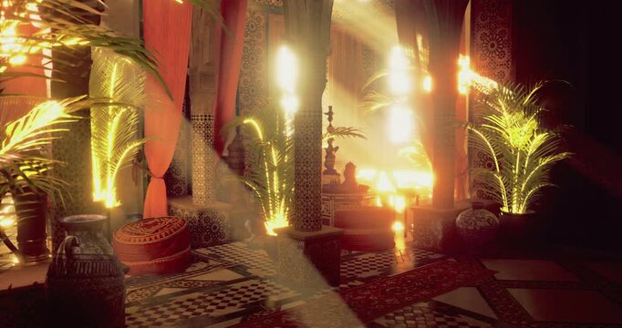 A beautifully designed Moroccan interior features colorful patterns, elaborate decorations, and glowing lights. Palm plants add a touch of nature, enhancing the enchanting atmosphere.