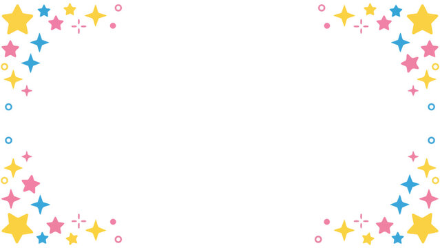 きらきらと輝くような星やポップな紙吹雪の幾何学模様が楽しいフレーム素材です。わくわくする明るい色彩は、パーティーの案内や子供向けのメッセージカードに最適。希望や幸福感あふれるデザインが、大切な言葉を彩ります。