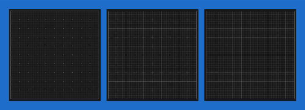 Blueprint black grids. Metric graph paper set. Blank millimeter sheets for technical drawings, engineering sketches, architectural designs. Tech square linear backgrounds. Vector illustration.