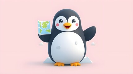 Obraz premium Cute Penguin Holding World Map, Environmental Awareness Concept