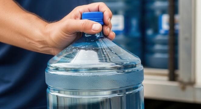 Person lifts water bottle cap for refill at a water supply station during the day