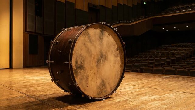 large orchestral bass drum positioned on empty concert stage orbit video