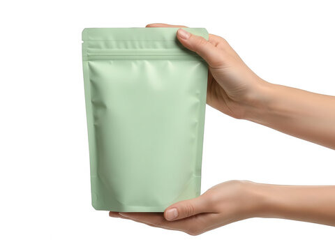 Hand holding green stand-up pouch isolated on transparent background