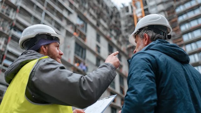 Engineers discussing plans and progress at a construction site during the day while evaluating the ongoing work on a multi-story building