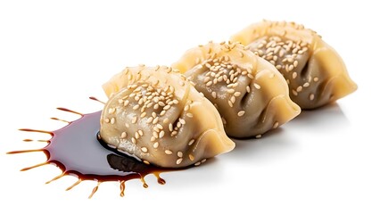 Obraz premium Three steamed dumplings with sesame seeds, served with a splash of soy sauce on a white background