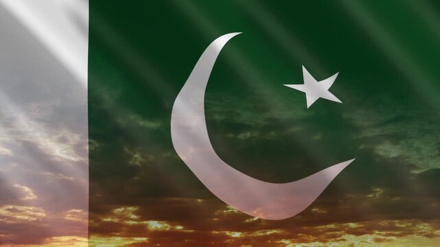Flag of Pakistan waving against a vibrant sunset, creating a patriotic and inspiring atmosphere with warm tones.