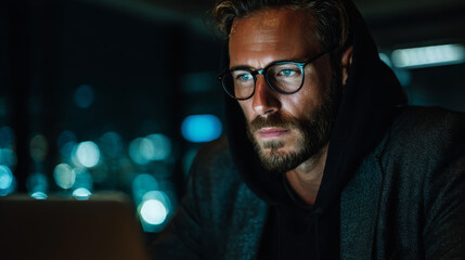 Obraz premium Focused man wearing glasses working on laptop at night with bokeh lights in background