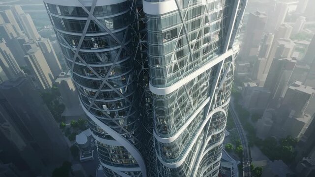 Futuristic Skyscraper Complex Glass Facade and Intricate Design in Metropolis with Geometric Pattern Tower Against Urban Grid with Minecraft Rendering