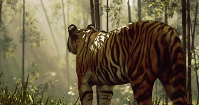 A majestic tiger walks gracefully through a sunlit forest, surrounded by tall trees and lush greenery. The warm light creates striking patterns on its fur, enhancing its beauty.