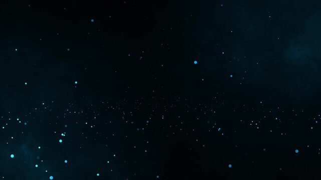 blue particles abstract background with shining golden floor particle stars dust. Futuristic glittering fly movement flickering loop in space on black background.