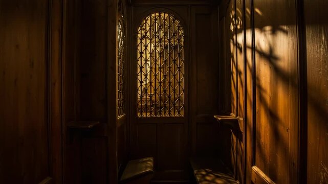 Dark Wooden Confessional Interior with Carved Details Sunlight and Shadow Play on the Walls Creating a Spiritual Atmosphere