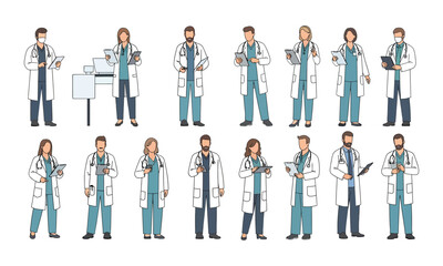 Medical professionals in various roles and attire