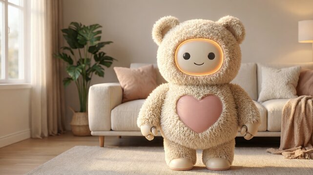 Fluffy Sherpa Robot Teddy Bear in Cozy Living Room
